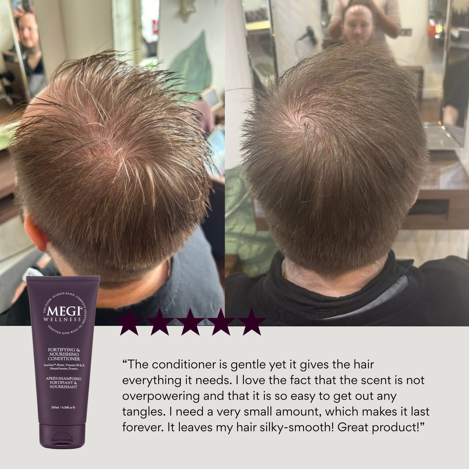 Before and after comparison of hair with a tube of MEGI Wellness conditioner. Deep repair conditioner