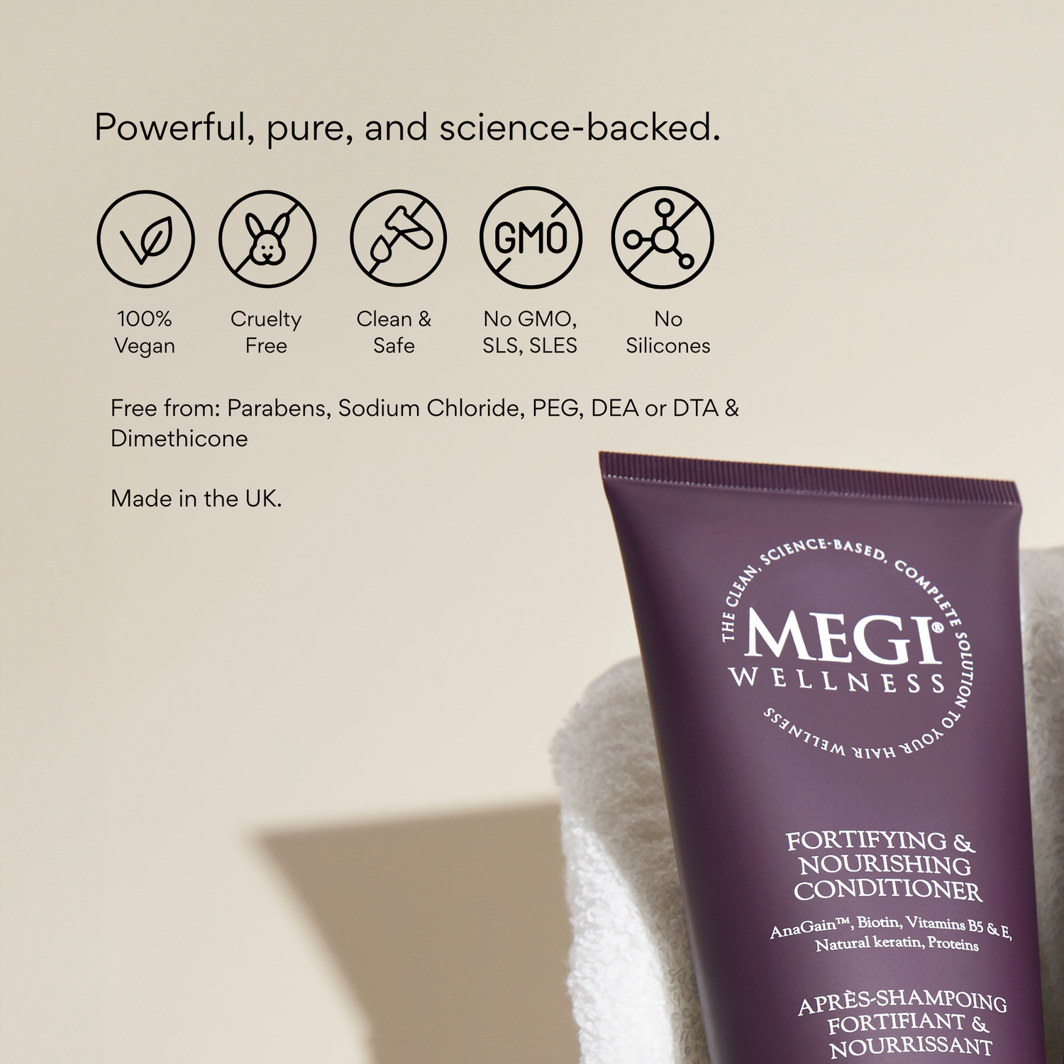 MEGI Wellness conditioner tube with certification icons on a beige background