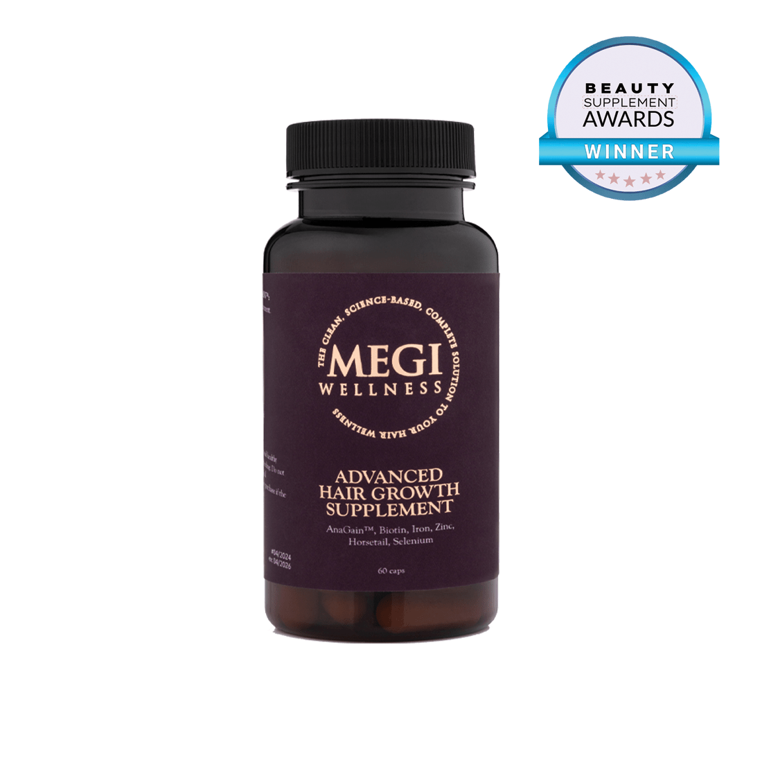 Megi® Wellness Advanced Hair Growth Supplement - MEGIWellness. Hair loss, alopecia areata treatment. Front, bottle. Hair supplement, vitamins for hair loss and hair growth.