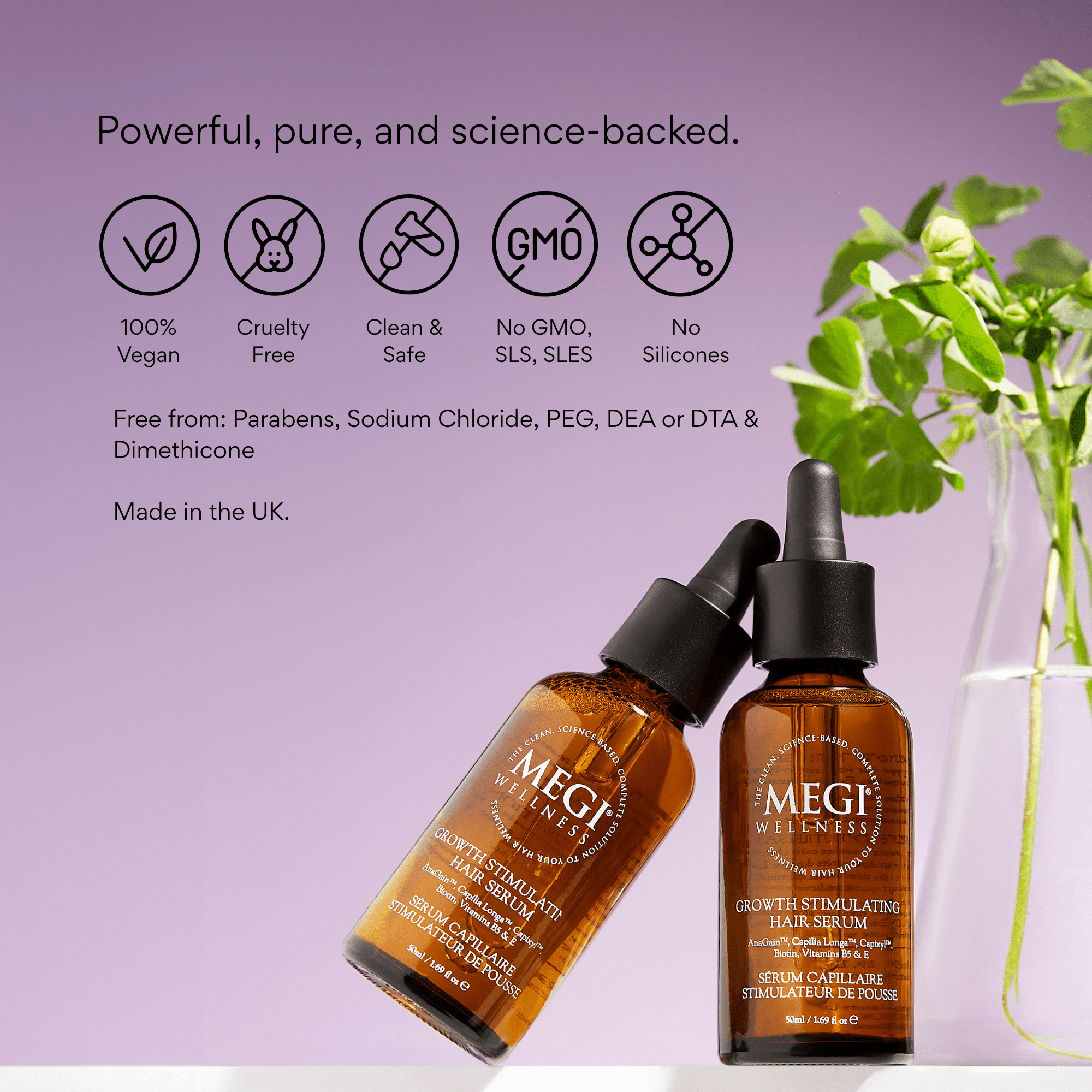 Growth-stimulating serum with caffeine, biotin, anagain, rosemary oil. Menopausal hair thinning. Men&