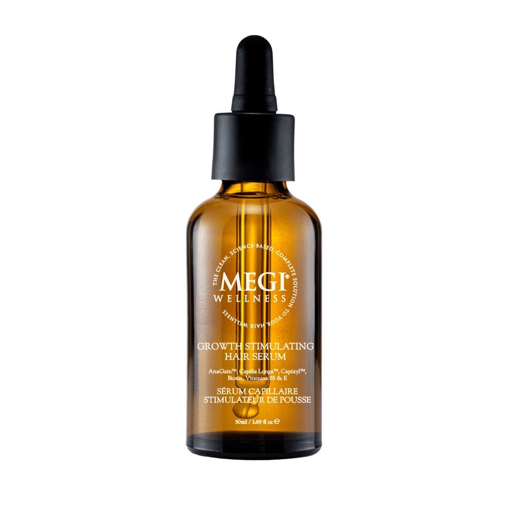 Megi® Wellness Growth Stimulating Hair Serum - MEGIWellness Hair loss, alopecia areata treatment. Serum treatment for hair loss and receding hair line, menopause, post pregnancy hair loss. Bottle, front. Biotin, Rosemary Oil, Capilia Longa, Anagain