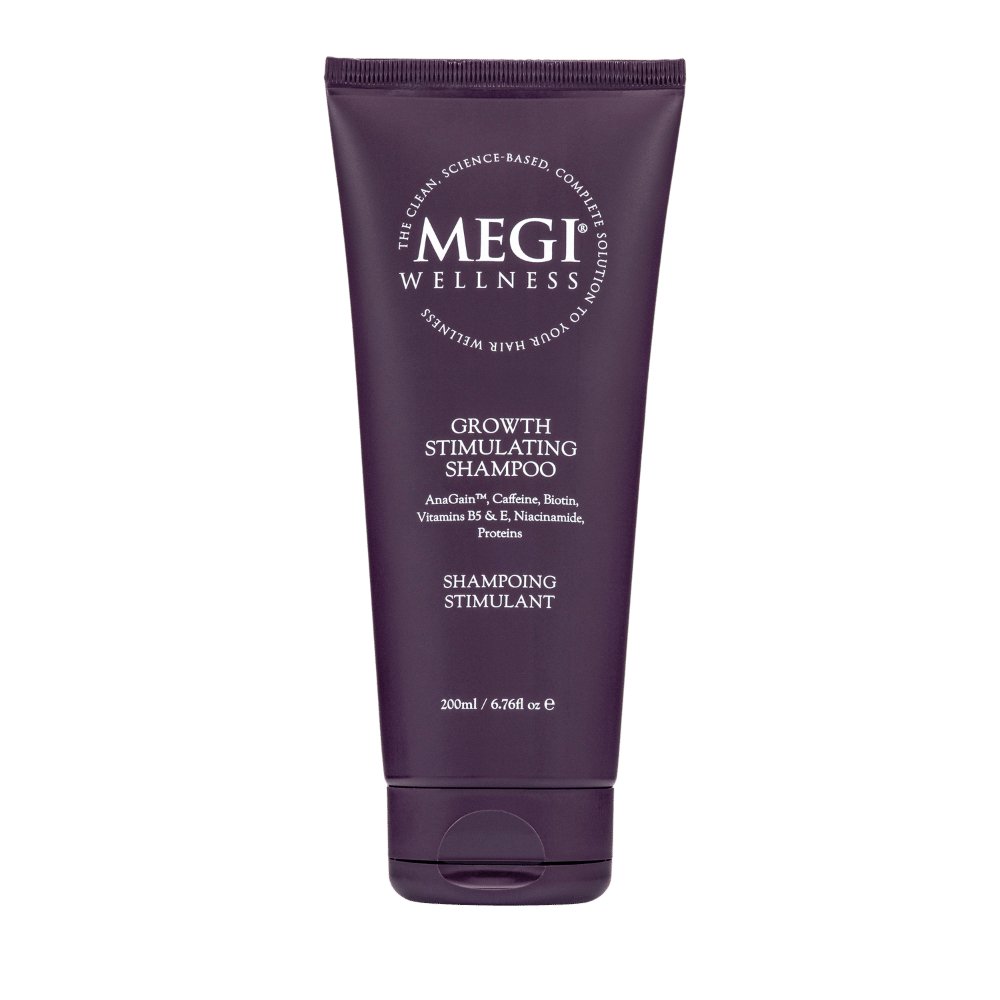 Megi® Wellness Growth Stimulating Shampoo - MEGIWellness. Hair loss, alopecia areata treatment. Shampoo for hair loss. SLS free. Natural shampoo, treatment for hair loss and receding hair line, menopause, post pregnancy hair loss. Tube, front. Caffeine, Biotin, Anagain