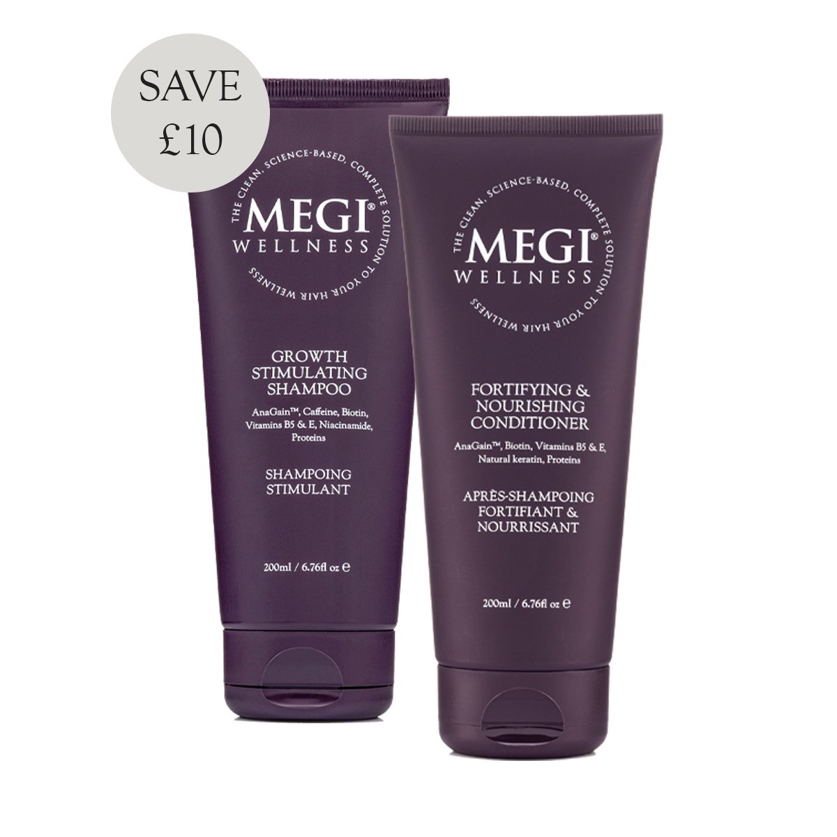 Megi® Wellness Revitalising Set - MEGIWellness Hair loss, alopecia areata treatment. Shampoo for hair loss. SLS free. Natural shampoo, and repairing conditioner. Set, treatment for hair loss and receding hair line, menopause, post pregnancy hair loss. Shampoo & conditioner in tube, front, save £10