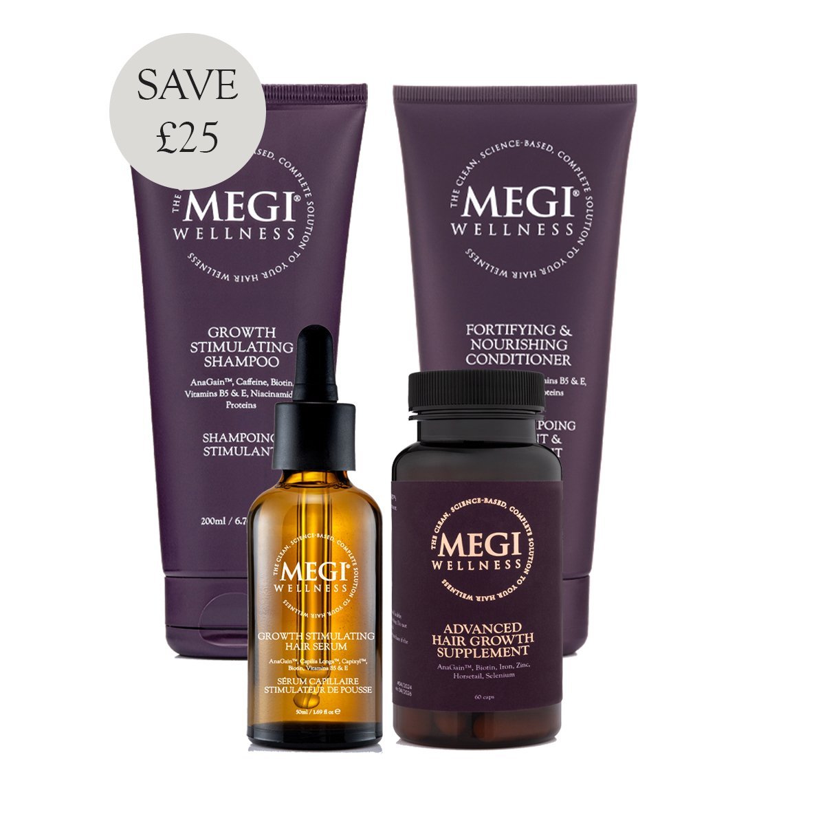 Megi® Wellness Ultimate Hair Growth Set - MEGIWellness. Hair loss, alopecia areata treatment. Shampoo for hair loss. SLS free. Natural shampoo, and repairing conditioner. Serum treatment for hair loss and receding hair line, menopause, post pregnancy hair loss. Hair supplement, vitamins for hair loss and hair growth.