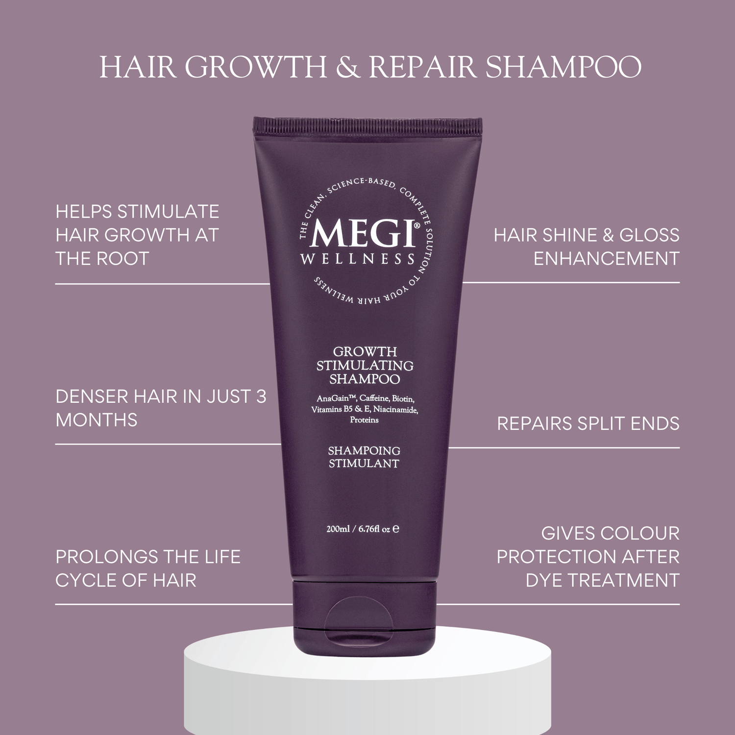 Growth-stimulating shampoo with caffeine, biotin, anagain,  rosemary oil. Menopausal hair thinning. Men&