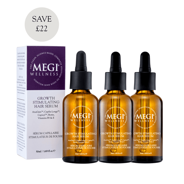 Growth Stimulating Hair Serum Bundle - MEGI Wellness. Saving, 3 bottle set, save £21 on hair loss bundle, Minoxidil