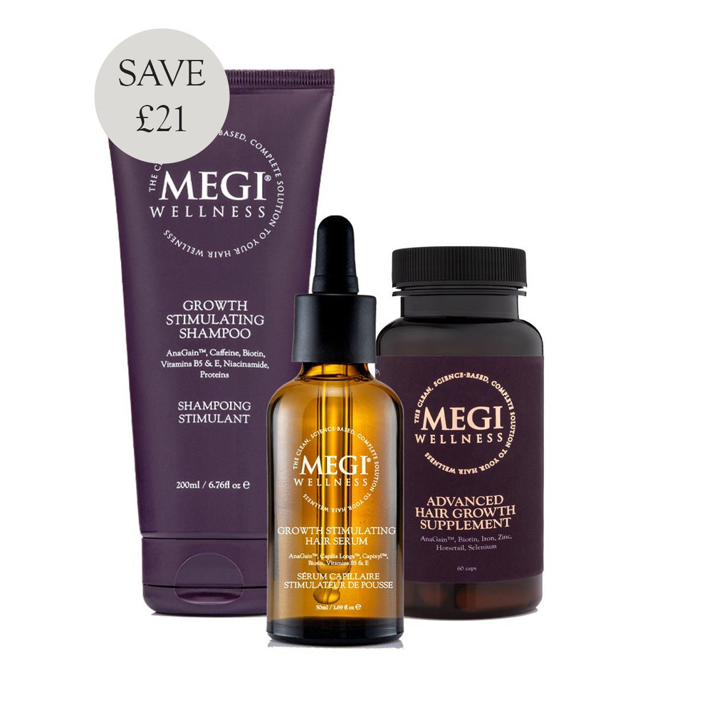 Megi® Wellness Hair loss, set, saving, 3 products, routine, Minooxidil, Natural shampoo. Serum, Hair supplement, vitamins