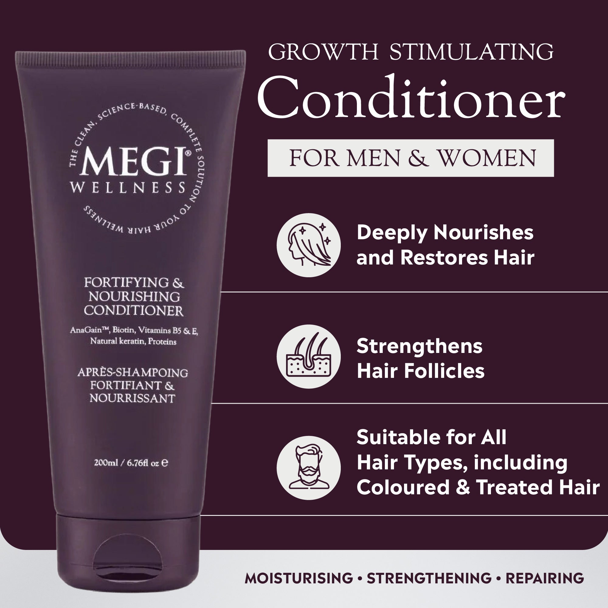 Megi® Wellness Fortifying &amp; Nourishing Conditioner -Tube, front with product benefits of repaired, healthy hair | MegiWellness