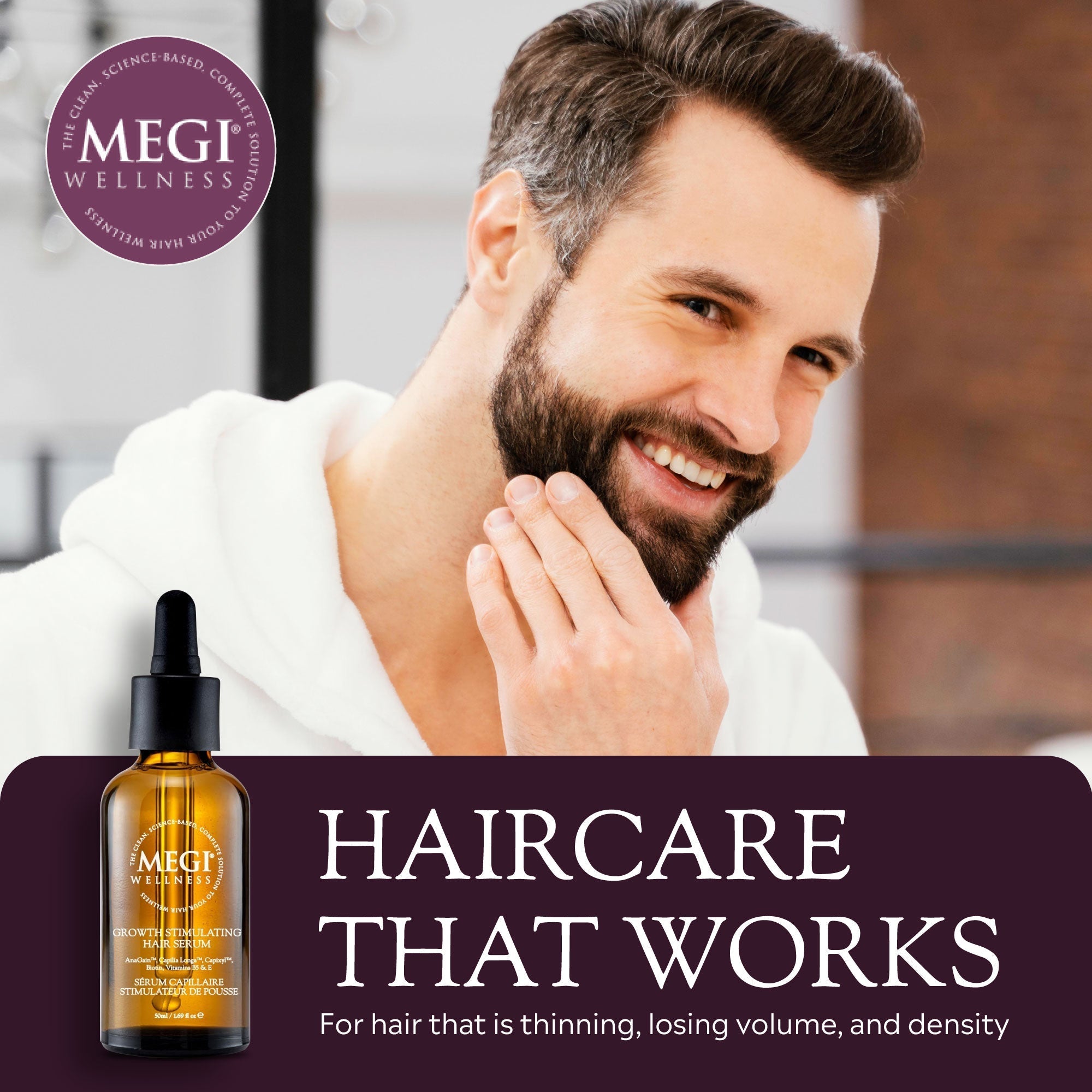 Megi® Wellness Growth Bundle - Picture of the men with healthy hair and beard. Hair regrowth. Patern hair loss