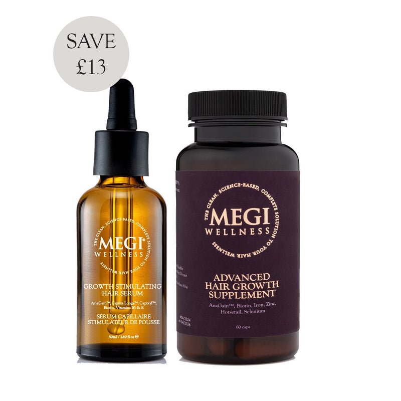 Megi® Wellness Growth Bundle - MEGIWellness Hair loss, alopecia areata treatment.  Serum treatment for hair loss and receding hair line, menopause, post pregnancy hair loss. Hair supplement, vitamins for hair loss and hair growth.  2 product set. Save £13