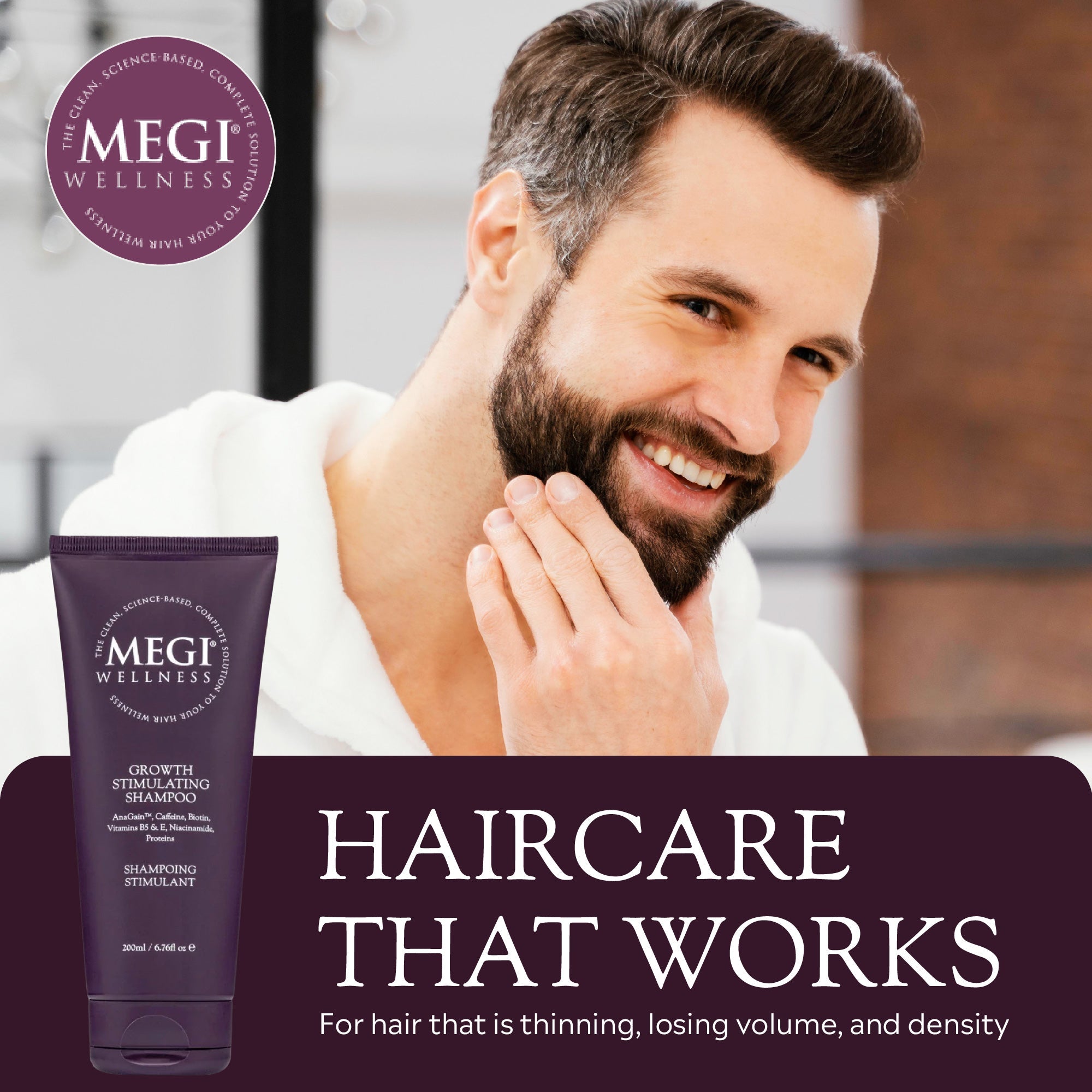 Megi® Wellness Growth Stimulating Shampoo - MEGIWellness front view of tube. Hair loss shampoo for thinning hair and promoting regrowth. Male with beard and healthy hair.