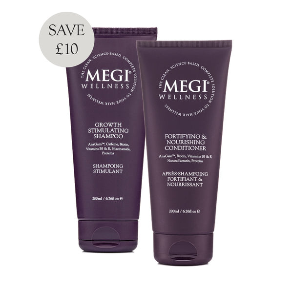Megi® Wellness Revitalising Set - hair loss. SLS free. Natural shampoo and conditioner. Set, treatment, tube, front, save £10